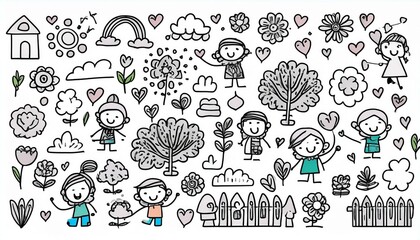 Cute kid background line tree, cloud, flower icon. Hand drawn doodle sketch kid art element set. Flower, heart, cloud children draw style design element background. perfect any project.
