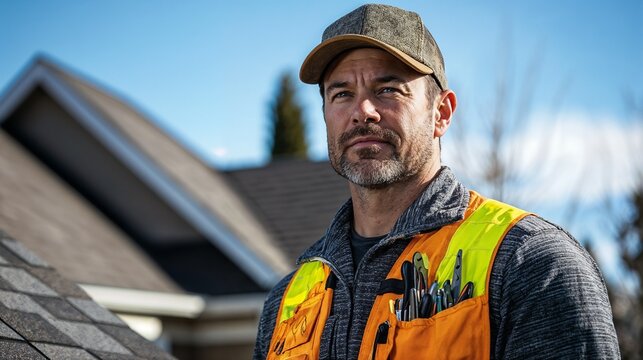Roofing contractor wearing safety vest and cap, confident expression, construction site background  
