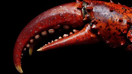 Macro photography reveals intricate details of a cooked lobster claw showcasing its vibrant red shell and texture. Generative AI