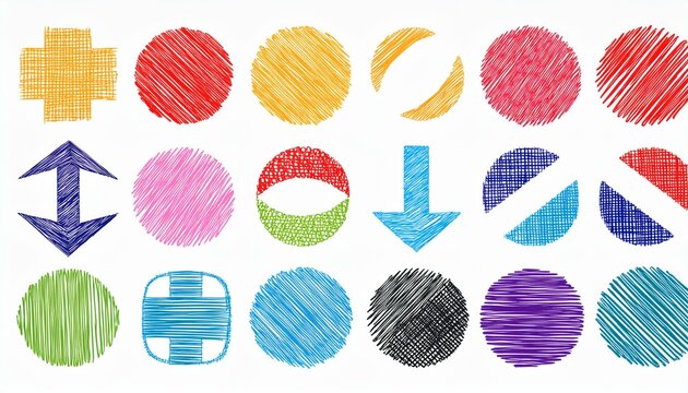 Doodle abstract shape background texture brush color set. Hand drawn sketch crayon scribble brush geometric shape color chalk effect background. Abstract arrow, circle, zigzag perfect any project.