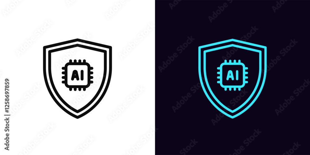 Poster outline ai protection icon, with editable stroke. shield with ai chip, security algorithms with arti