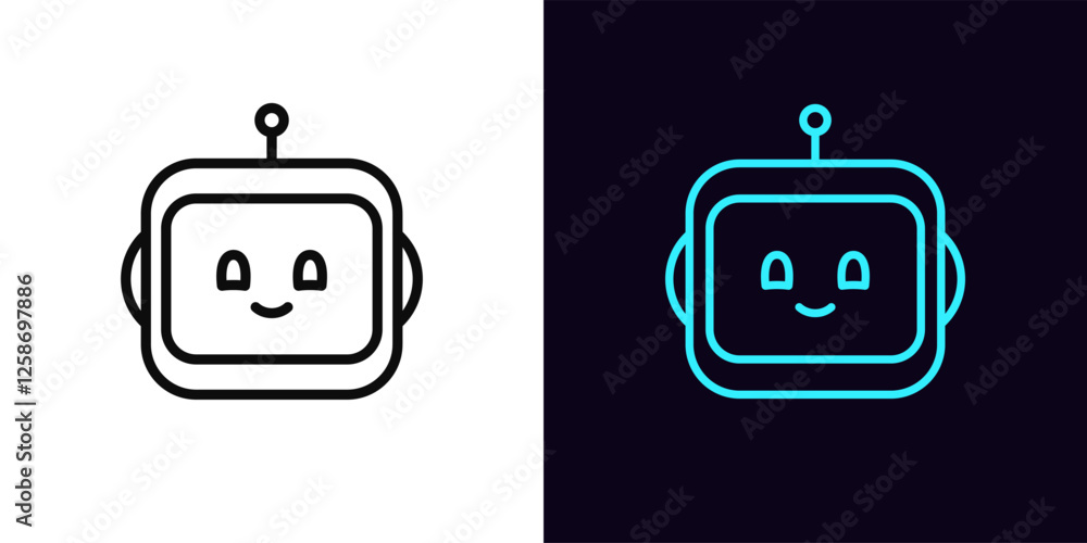 Poster outline chat bot icon, with editable stroke. robot face with cute smile. friendly virtual assistant,