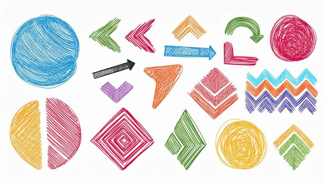 Doodle abstract shape background texture brush color set. Hand drawn sketch crayon scribble brush geometric shape color chalk effect background. Abstract arrow, circle, zigzag perfect any project.