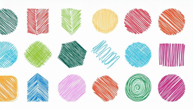 Doodle abstract shape background texture brush color set. Hand drawn sketch crayon scribble brush geometric shape color chalk effect background. Abstract arrow, circle, zigzag perfect any project.