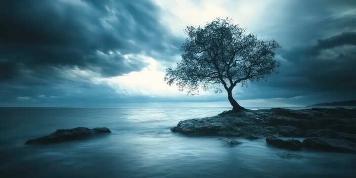 A lone tree standing strong against a stormy sky.