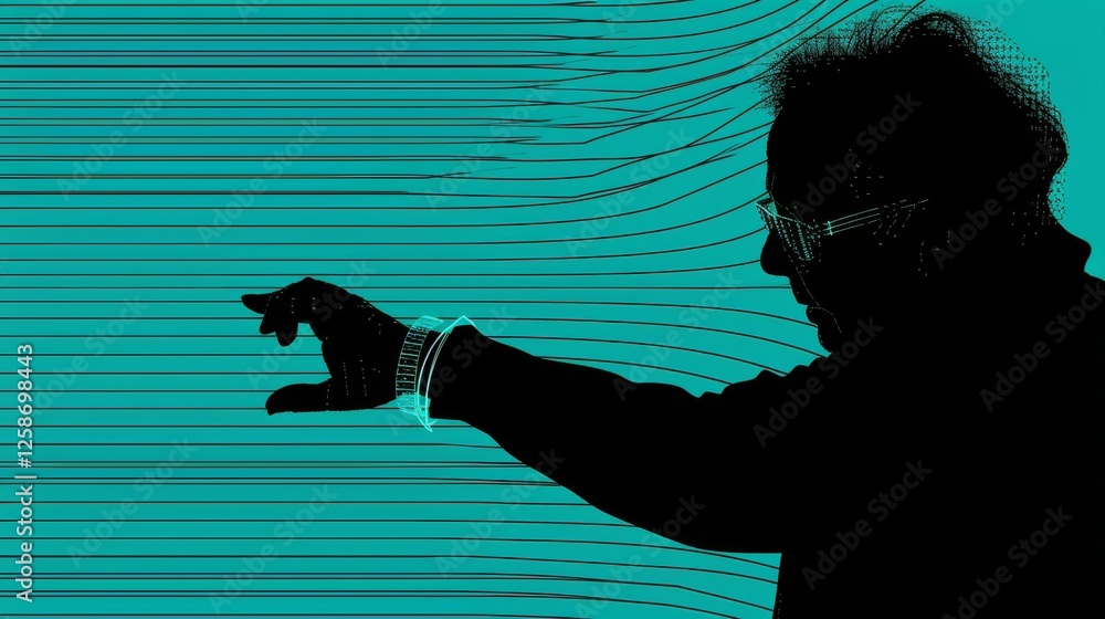 Poster a stylized silhouette of a man wearing a smartwatch, set against a digital background with abstract 