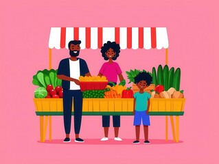 Family shopping at a farmers market, interactive and lively scene, flat design illustration