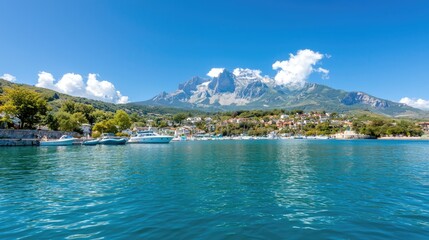 Fototapeta premium Coastal town harbor, mountains, summer, boats. Travel brochure
