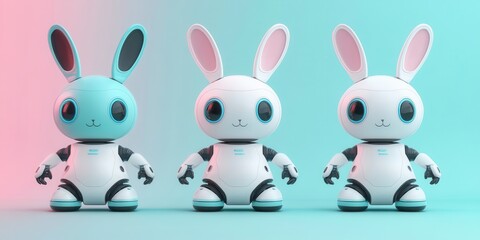 Three whimsical robots with ears and legs are positioned in a row, showcasing their unique designs and playful characteristics.