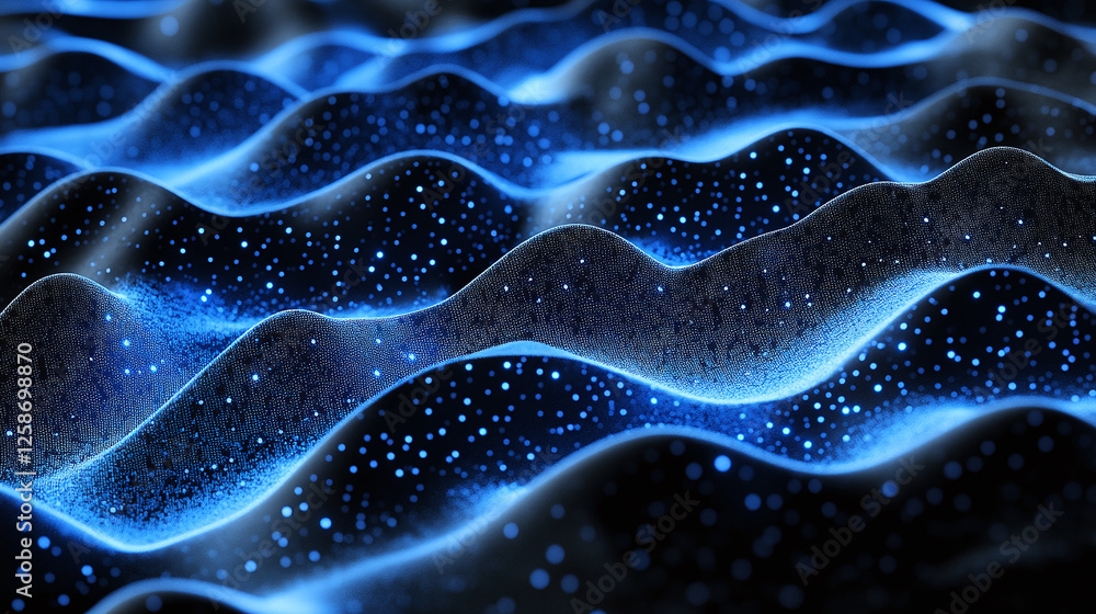 Poster abstract wavy background with glowing particles. represents a digital landscape, data visualization,