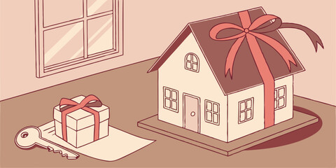 Fototapeta premium House home gift wrapped present with ribbon and bow, red accents symbolize giving, Gift-Wrapped House Model – Real Estate Investment, Homeownership Concept.