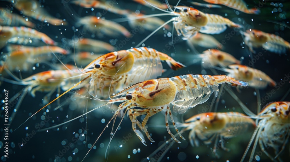 Poster a group of colorful shrimp swims gracefully in clear ocean waters, showcasing their intricate featur