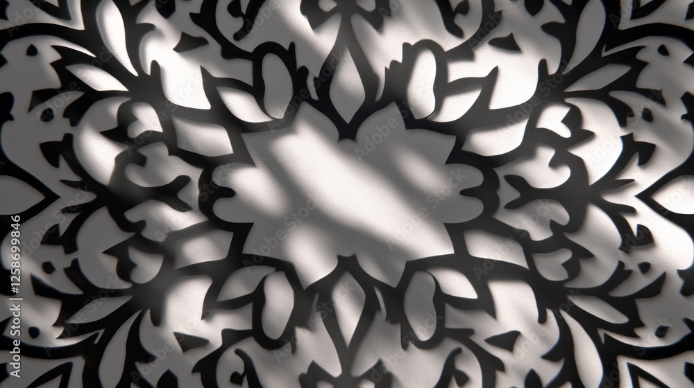 Poster Delicate arabesque patterns unfold in shadow, casting intricate designs across a soft backdrop. This play of light and form creates an enchanting atmosphere that invites contemplation