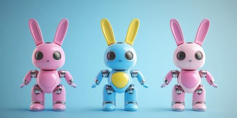 Three distinct robots with varied eye and ear colors positioned closely together, showcasing their unique features and designs in a vibrant display.