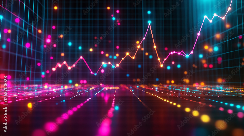 Poster digital data visualization: a vibrant graph displays data points, showing an upward trend on a neon 
