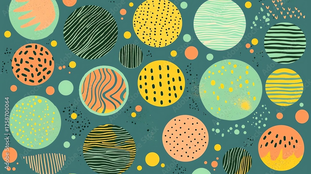 Aufkleber colorful abstract circles with various patterns on a teal background.