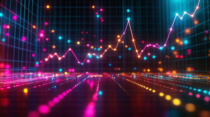 Digital Data Visualization: A vibrant graph displays data points, showing an upward trend on a neon grid with glowing orbs, conveying market insights.