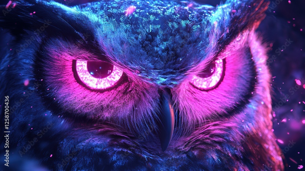 Poster mysterious owl with glowing eyes perched in a dark forest at night. generative ai