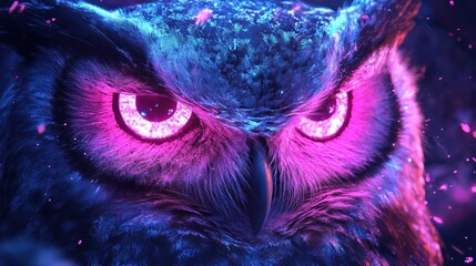 Mysterious owl with glowing eyes perched in a dark forest at night. Generative AI