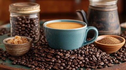 Coffee cup, beans, sugar, rustic kitchen, beverage