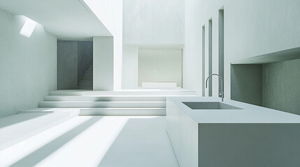 A minimalist interior features geometric shapes, white walls, and soft natural light, creating a serene and spacious atmosphere. The design emphasizes simplicity and functionality.