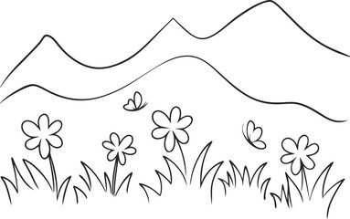 Simple Line Drawing Flowers, Butterflies, and Rolling Hills