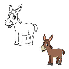 Cute donkey coloring page featuring a friendly donkey standing on grass with a cheerful expression, big ears, and a fluffy tail, perfect for kids to color and enjoy.