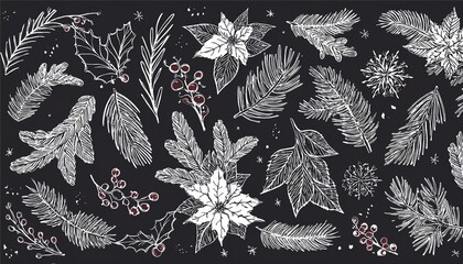 Christmas drawn xmas tree, leaf, holly flower background. Hand drawn doodle sketch holly floral, christmas tree leaves, winter pine. Holiday ornament, rustic wreath sketch doodle. perfect any project.