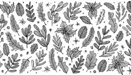 Fototapeta premium Christmas drawn xmas tree, leaf, holly flower background. Hand drawn doodle sketch holly floral, christmas tree leaves, winter pine. Holiday ornament, rustic wreath sketch doodle. perfect any project.