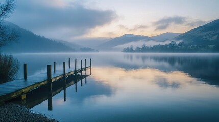 Obraz premium Serene Dawn at a Misty Mountain Lake Wooden Dock