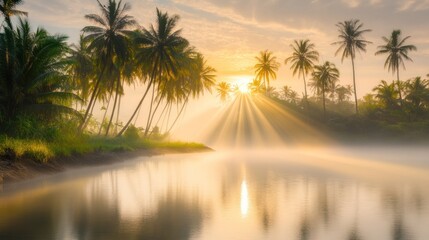 Obraz premium Sunrise Rays Illuminate Misty Tropical Palms Over Water