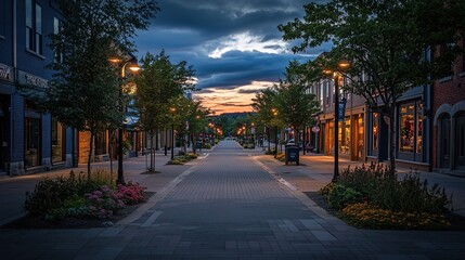 Obraz premium Serene Evening Street Scene Shops And Trees Dusk