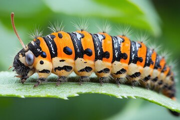 Fototapeta premium Tiny Caterpillar Exploring a Green Leaf