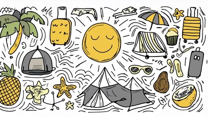 Summer travel vacation drawn set. Hand drawn sketch doodle style summer trip, vacation background. Sun, travel bag, beach tent doodle element. Funny tourism perfect any project.
