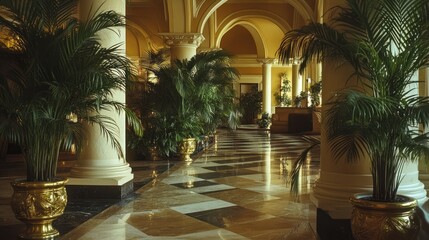 Grand Hotel Lobby with Lush Tropical Plants