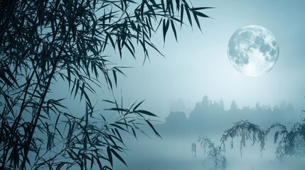 Serene Moonlight Illuminates Misty Bamboo Forest Scene