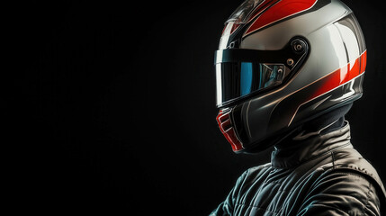 Fototapeta premium Racer wearing protective helmet and suit on black background