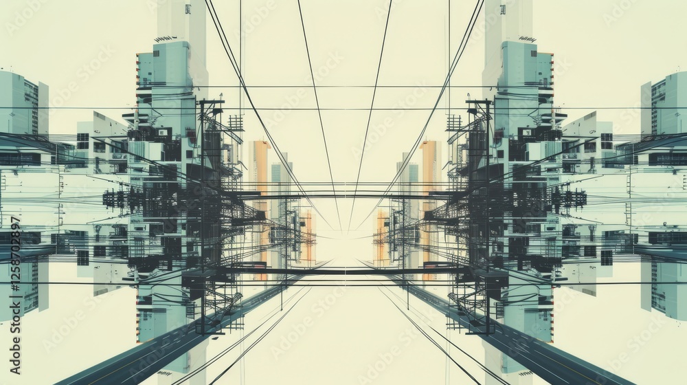 Poster a mesmerizing futuristic city with a mirrored effect, intricate power lines, and symmetrical structu