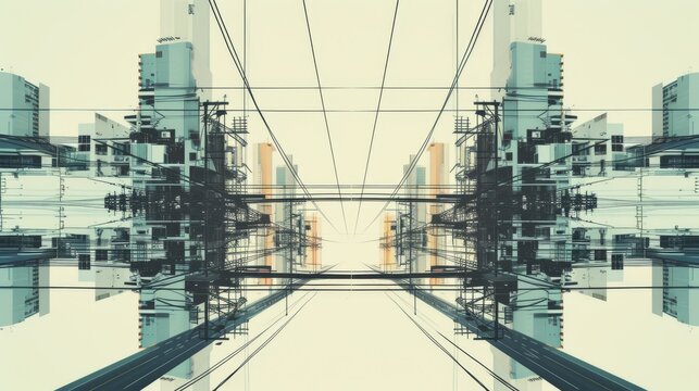 A mesmerizing futuristic city with a mirrored effect, intricate power lines, and symmetrical structures, creating a digital urban dreamscape with sci-fi aesthetics. AI generated.