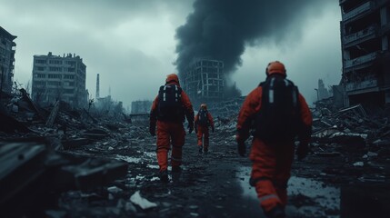 Rescue Team in Orange Suits Navigating Through the Devastated Urban Landscape with Smoke and Debris After a Catastrophic Disaster, Perfect for Concepts of Emergency Response and Recovery