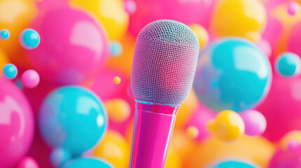 Vibrant pop-art style microphone stands out among colorful bubbles, creating an energetic atmosphere for creative expression