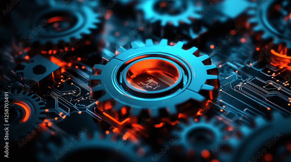 Poster gears and circuit board components are arranged on a surface, illuminated in blue and orange tones. 