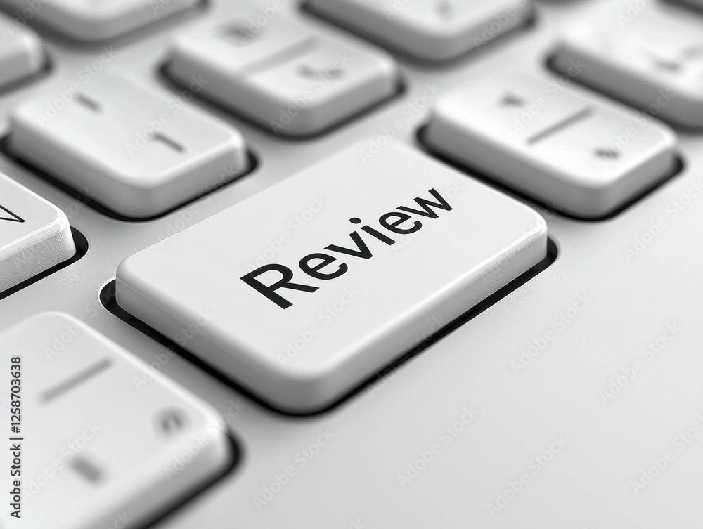 Poster close-up of a modern keyboard with a focus on the pressed review key showcasing minimalist design