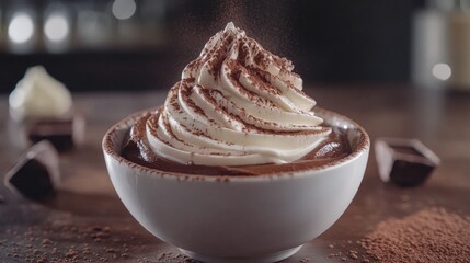 Chocolate mousse dessert with whipped cream, cocoa powder, and chocolate pieces