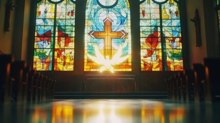 Fototapeta premium Church interior, stained glass, dove, cross, religious, spiritual, hope, faith, worship