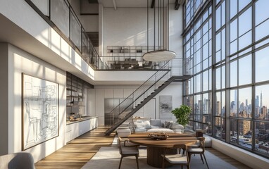 Modern loft apartment city view sunrise interior design