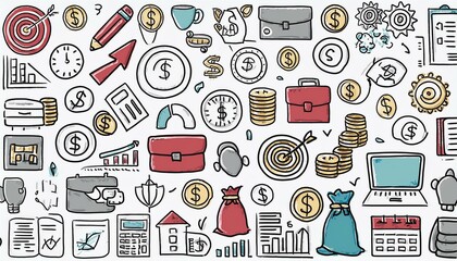 Hand drawn business, money icon set. Finance target, money goal sketch drawn cute trendy doodle icon. Business money, finance calculator, economic briefcase elements. perfect any project.