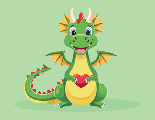 Fototapeta premium A green dragon animal cartoon with a read heart simple flat design.