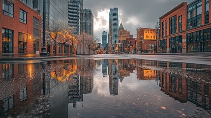 Fototapeta premium Cityscape Reflection in a Puddle After a Winter Snow