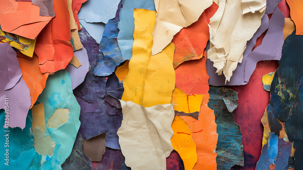 Aufkleber a layered composition of torn paper pieces, each with unique textures and colors